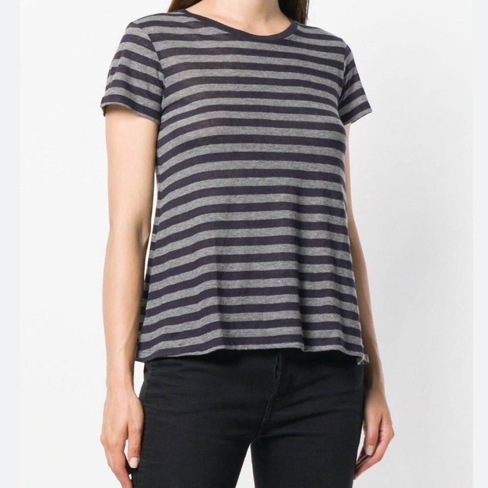 Revue Charcoal Grey Light Grey Stripe Silk Cashmere Short Sleeve Sweater EUC XL